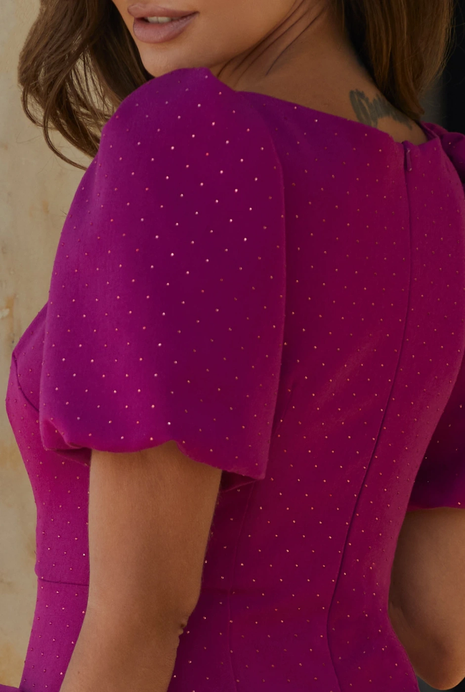 Verve - Asymmetrical mini dress with rhinestones, square neckline and buff sleeves in amaranth color