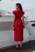 Marisol – red midi dress with stand-up collar and puff sleeves