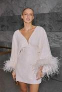 Toluca – ecru mini dress with sequins and feathers