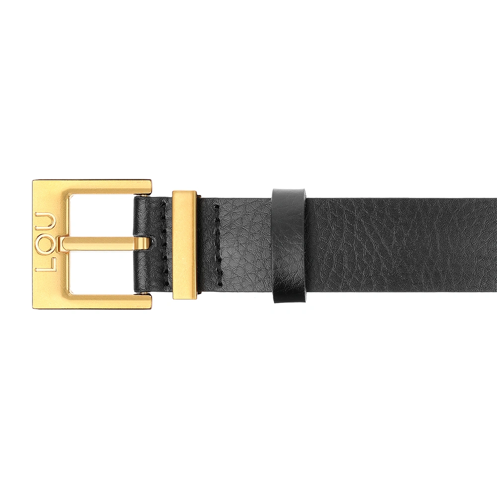 Charo belt - Black leather belt with luxurious gold buckle and engraved Lou logo.