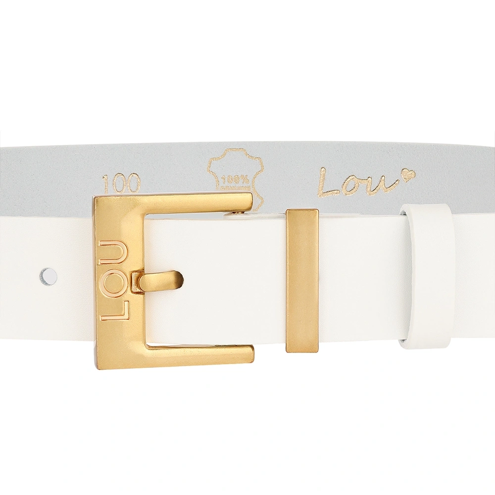 Charo belt - Elegant white leather belt with gold buckle and Lou logo.