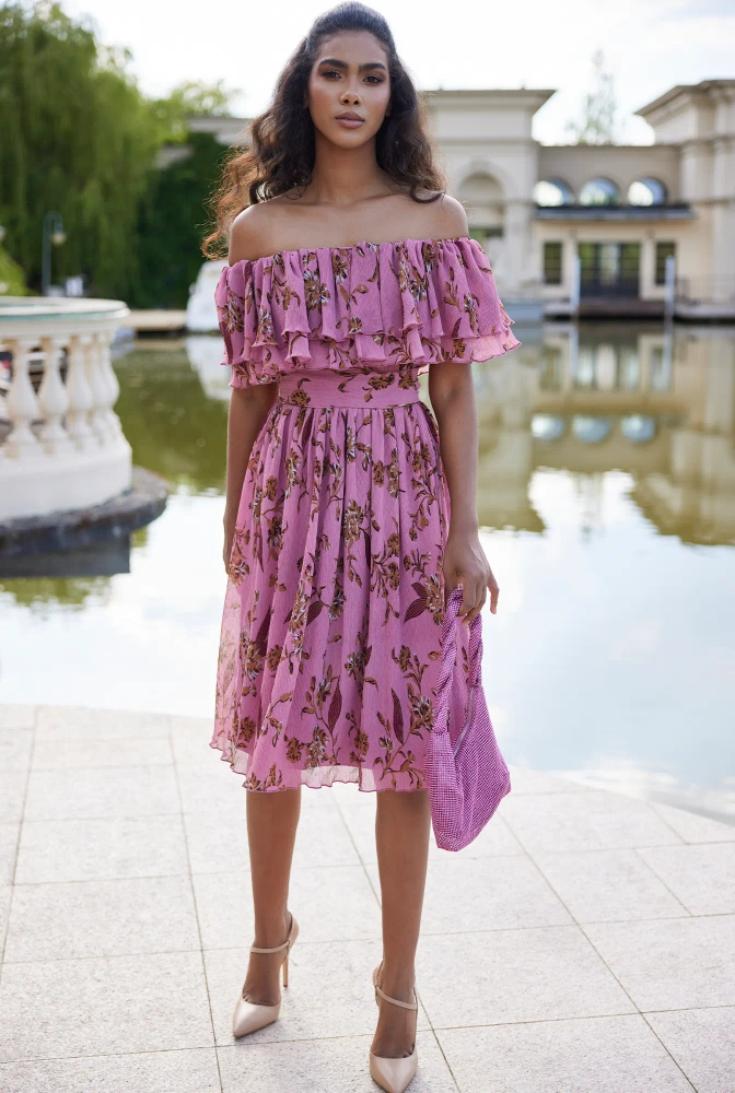 Lavinia - Midi dress in dirty pink with floral prints