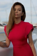 Marisol – red midi dress with stand-up collar and puff sleeves
