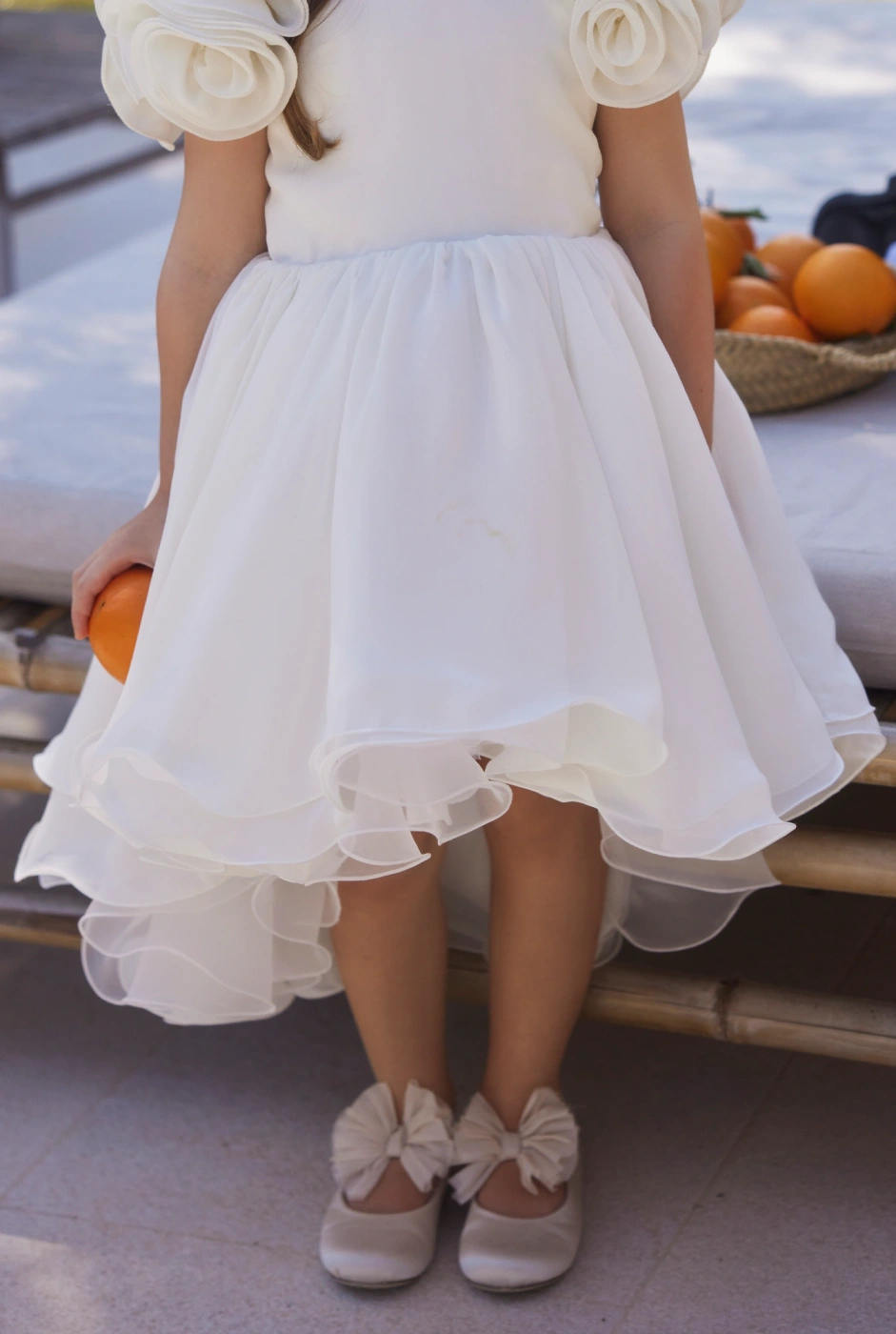 Ajla - Children's Waist Crinkle Dress with Floral Appliques and Asymmetrical Bottom