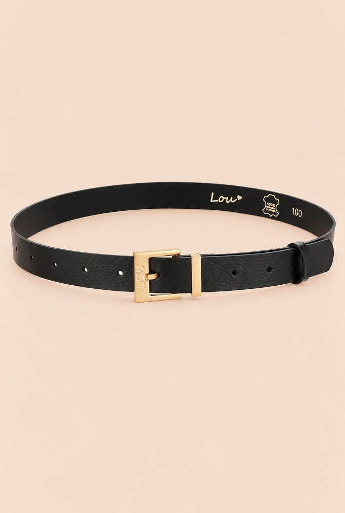 Charo belt - Black leather belt with luxurious gold buckle and engraved Lou logo.