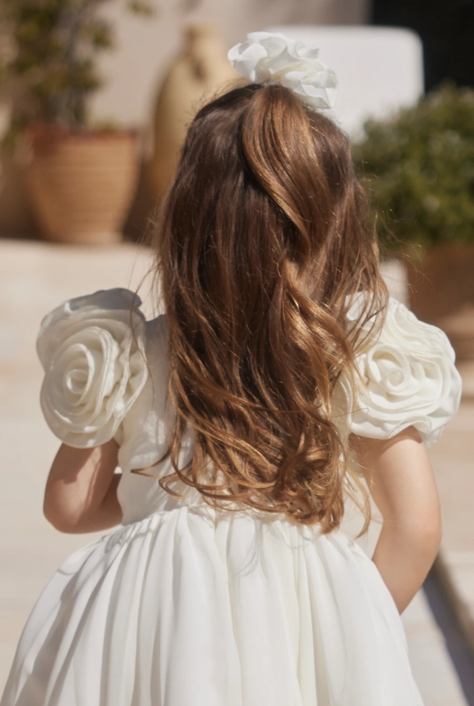 Ajla - Children's Waist Crinkle Dress with Floral Appliques and Asymmetrical Bottom