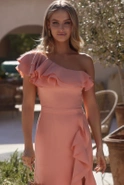 Airine - Corset Dress in Peach Shade with Asymmetrical Neckline and Frills