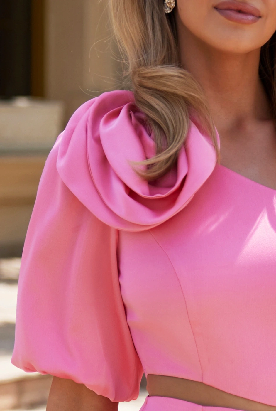 Ritz - Asymmetrical Pink Midi Dress with Detachable Flower