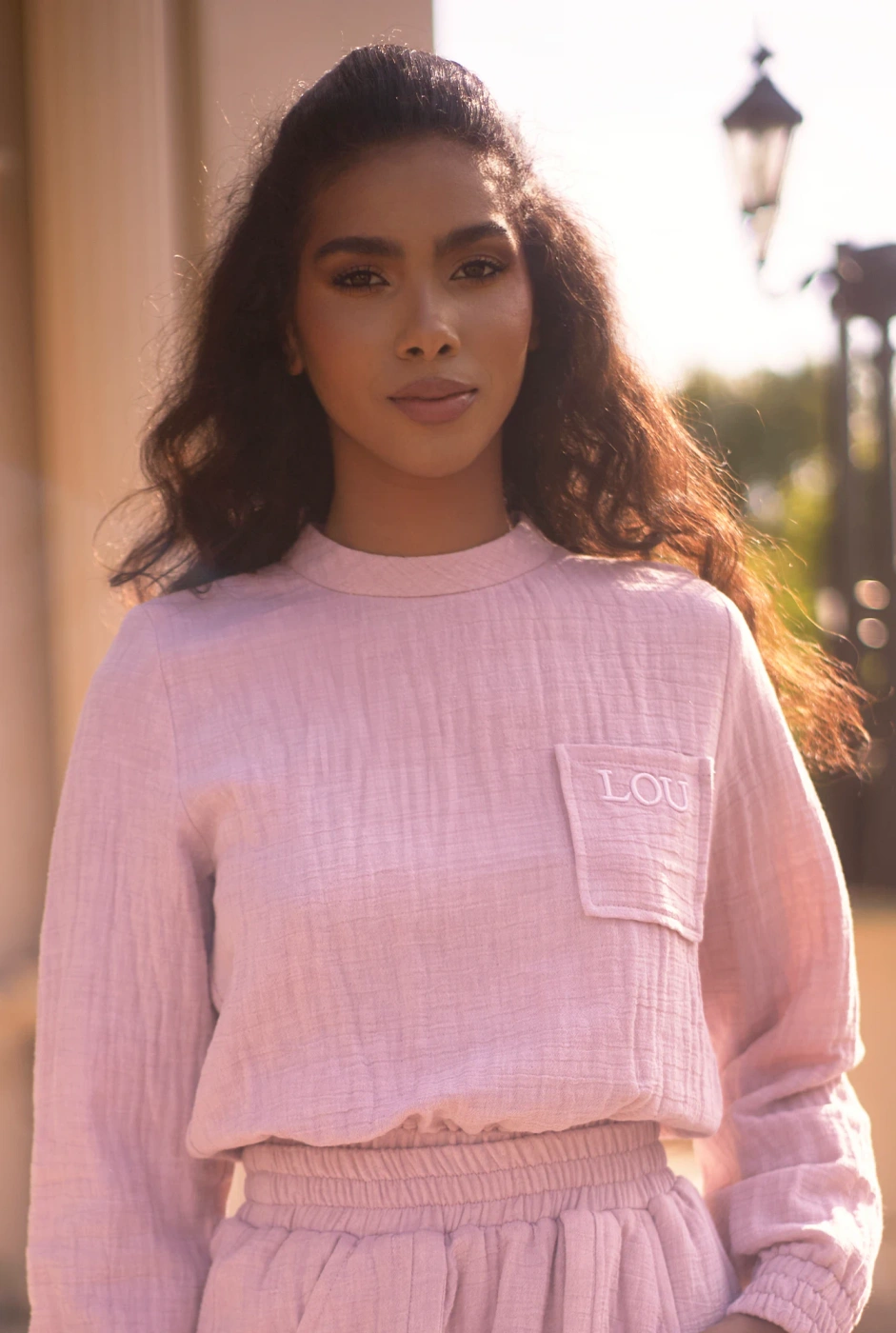 Kama - Pink tracksuit set with mini skirt and embroideries