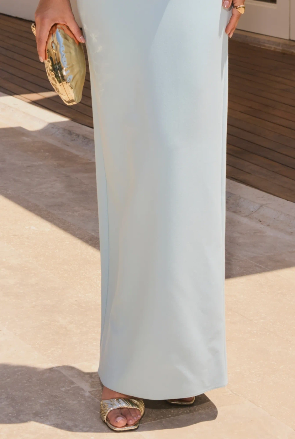 Lizbona – blue maxi dress with a peplum and a hand-shaped flower