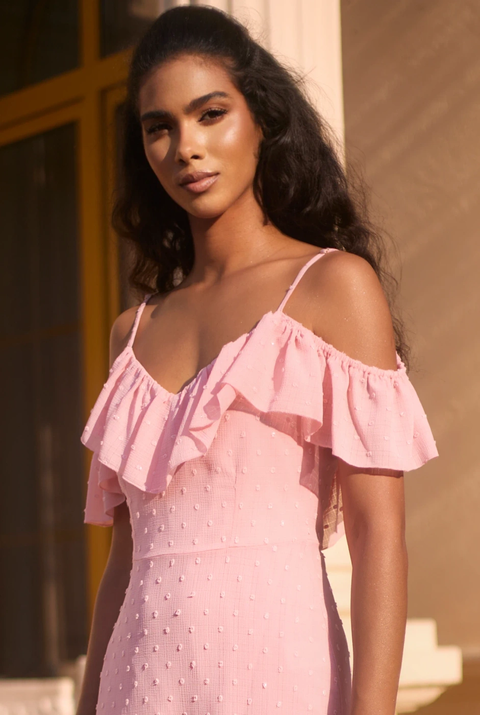 Lucette - Pink maxi dress with Spanish neckline